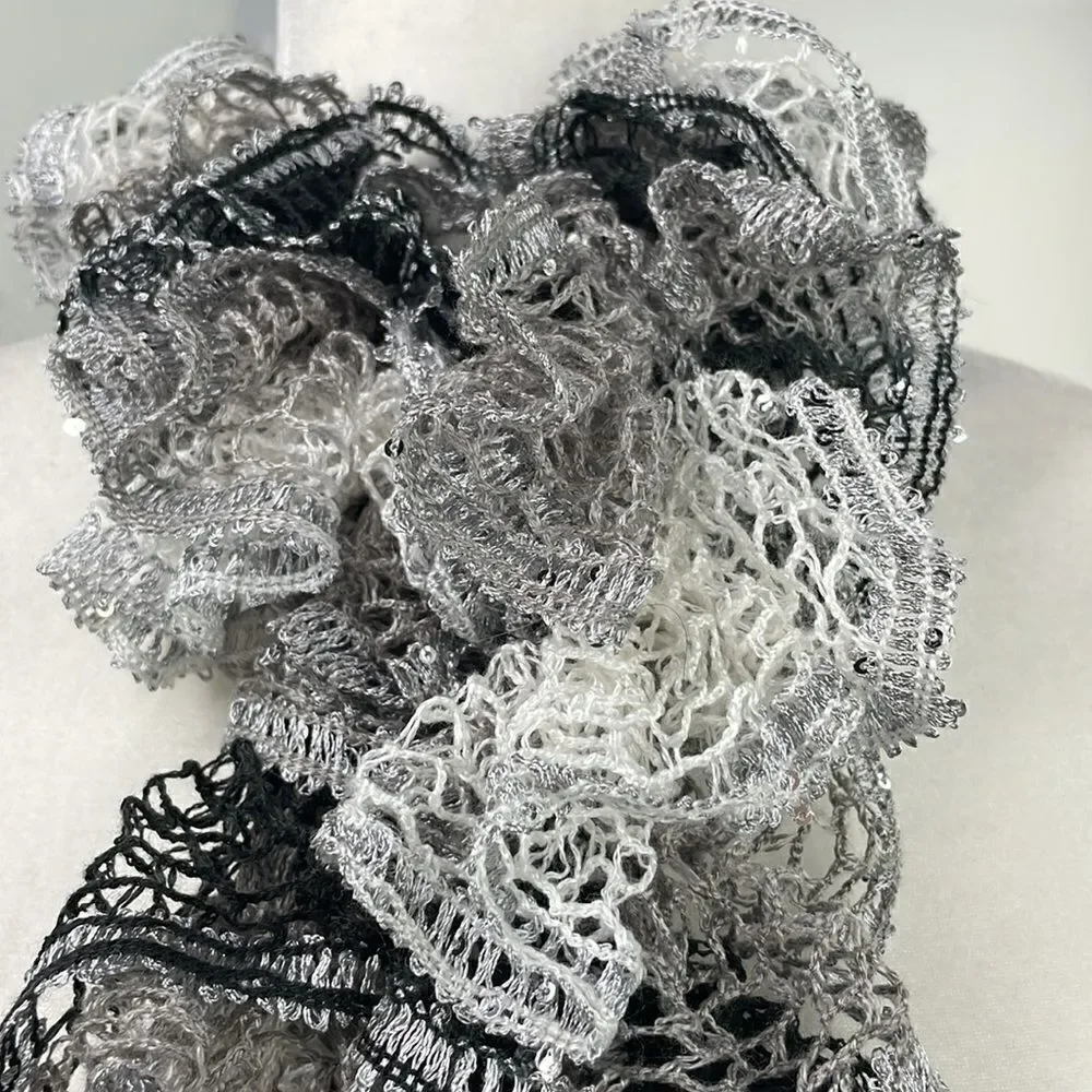 SCARF Crocheted Ruffle Scarf White, Gray & Silver Shimmery